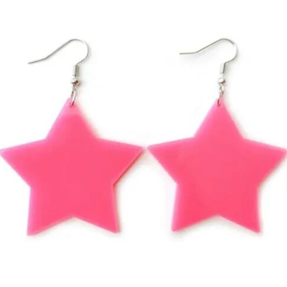 Pink Acrylic Star Silver Hook Earrings - Picture 7 of 14